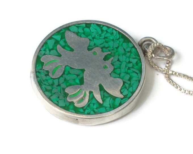 Two Doves Birds Crushed Green Stone Pendant Necklace Sterling Mexico
