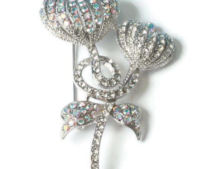 Glitzy Rhinestone Brooch Flower with Bow AB and Clear Stones Signed Dimensional Vintage