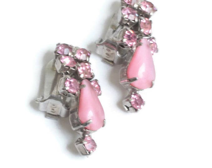 Pink Rhinestone Earrings Dangle Clip On Vintage