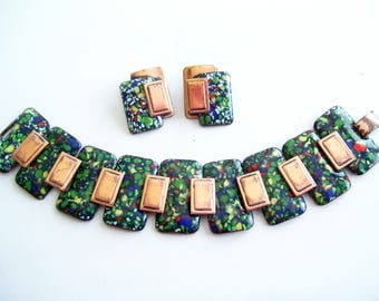 Matisse Link Bracelet and Clip Earrings Set, Vintage MATISSE Copper Confetti Enamel Wide Link Bracelet Clip Earrings Set, Matisse Jewellery