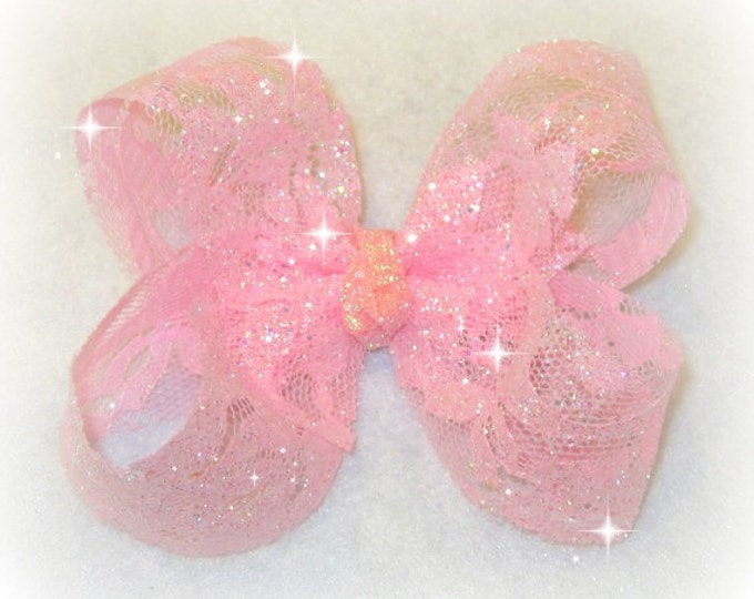 Baby Pink Hair Bow, Girls Pink Bows, Sparkle Bows, Boutique Hair Bow, Lace Hairbows, Glitter Bow, Classic Hairbow, 4 inch Bow, Wedding Bows