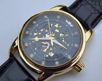 Goldtone Luxury Mechanical Wrist Watch, Black Leather Wristband - Automatic Self Winding - Rhinestone Black & Gold Watch, Item MWA53103
