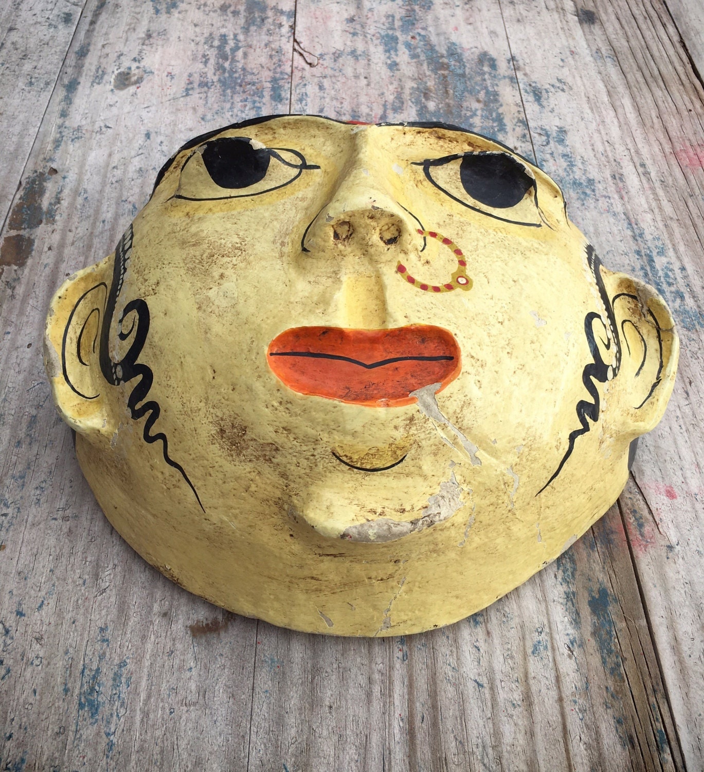 Large vintage Indian paper mache mask, handmade handpainted folk art