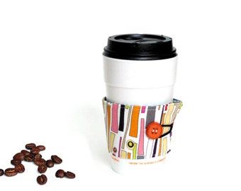Coffee sleeve, cup jacket, coffee to go, hot cup holder, reversible, coffee lover, hot cup holder, fabric coffee cup cozy, pink grey