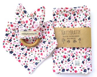 Modern Baby Bib - Burp Cloth - Teething Ring - Gift Set or Individual Sale - Floral Calico Print - Baby Gift - Baby Shower Gift