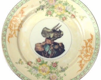 SALE - Imperfect - Admiral Triceratops Portrait Plate - Altered Antique Plate 7.4"