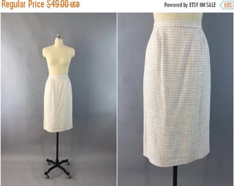 SALE - Vintage 1980s Pencil Skirt / 80s Cream White Wool Skirt / Winter White / Pastel Houndstooth / Size Medium M