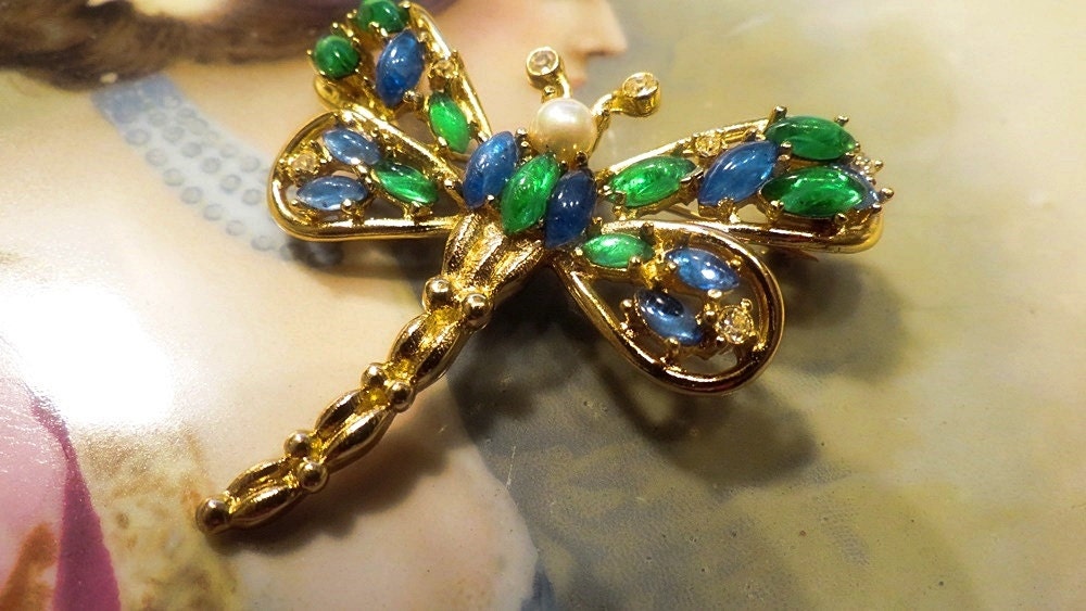 Vintage Christian Dior Dragonfly Brooch Pin Signed Chr Dior