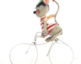 Annalee Mobilite Mouse on Bicycle, Vintage Stuffed Doll on Metal Wire Bike (F2)