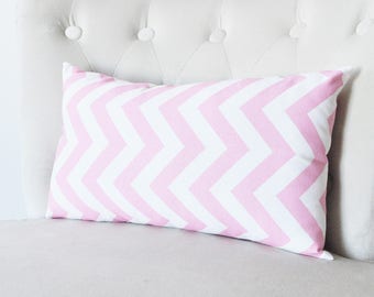 Chevron Pillows Pink Decorative Throw Pillow Covers Lumbar, Kidney Pillows - Zipper Chevron Pillow Cover Pink and White Chevron Rectangle
