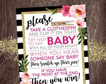 BABY CLOTHESPIN GAME Sign Black Stripe Gold Glitter Floral Kate -- Baby Shower