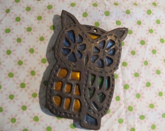 Retro Vintage cast iron OWL TRiVET, 'stained glass' black