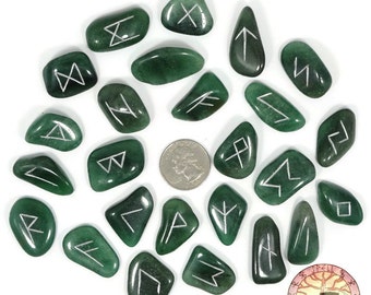 Reg Green Aventurine Rune Set Hand Carved Elder Futhark With Manual & Pouch