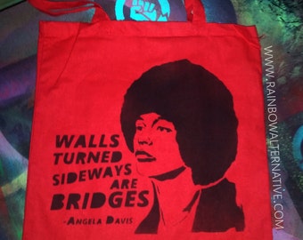 Angela Davis quote Feminist art canvas tote bag feminist feminism stencil spray paint diy handmade Rainbow Alternative power to the people