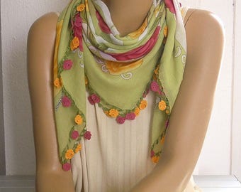 green cotton scarf, crochet rose trim, turkish oya