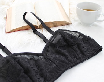 Black Lace and Mesh Bralette 'Ivy' Ohhh Lulu Basic Comfortable Bra Handmade to Order