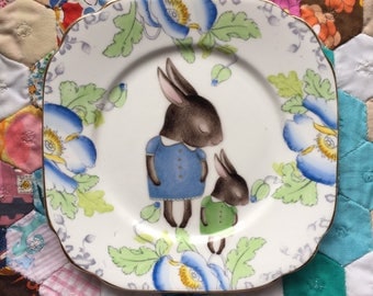 Blue Shy Bunny Mum and Baby Vintage Illustrated Plate