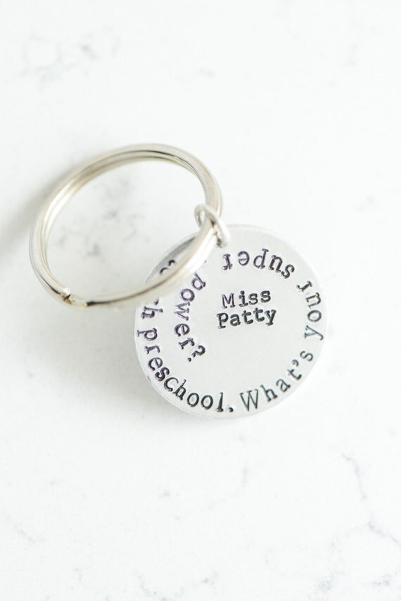 Silver hand stamped Keychain for Preschool Teacher Volunteer