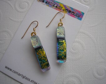 Dichroic Earrings Sunlit Forest Green Gold with Pearly Gray Gold Earwires Long and Skinny Opalescent Fused Glass Color Shifting Dichro