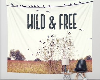 Tapestry, Wall Tapestry, Wall Hanging, Birds, Wild and Free, Typography, Bird Wall Art, Wall Art, Dorm Tapestry, Hipster, Wall Hangings