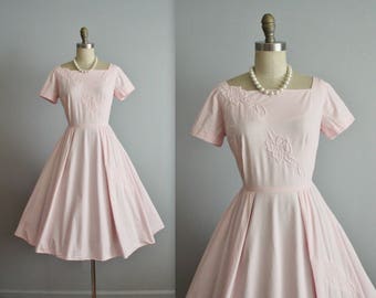 50's Pink Dress // Vintage 1950's Floral Quilted Cotton Full Garden Party Casual Day Dress M Petite