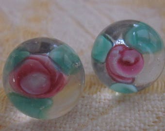 2 Antique Pink Rose Glass Paperweight Buttons