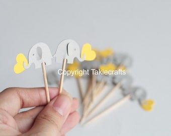 24 elephant cupcake toppers Light gray and yellow - Yellow and gray Party Picks