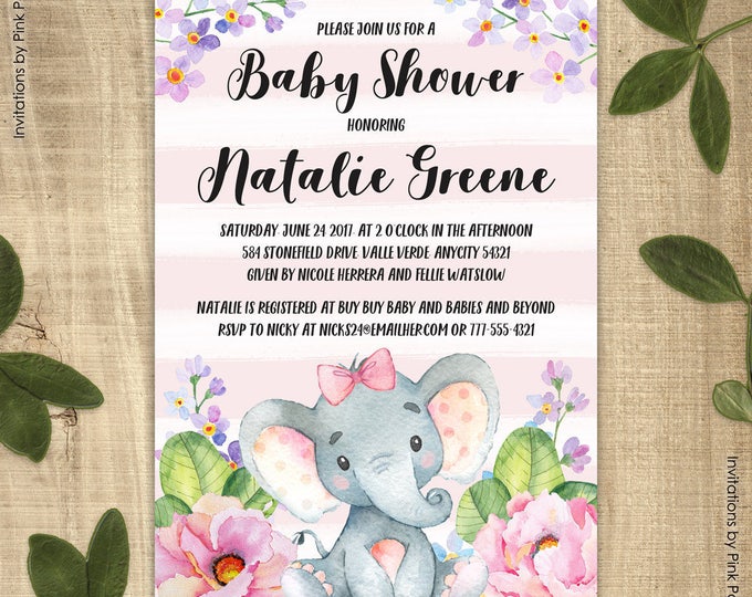 Pink Baby Elephant Folded Type Printable Thank You Card Instant Download