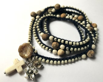 Navy and cream crochet wrap beaded bracelet or necklace, bohemian jewelry, crochet jewelry, summer fashion, coffycrochet, gift for her