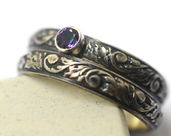 Topaz Engagement Ring, Mystic Topaz Wedding Ring Set, Women's Tiny Gemstone Ring, Oxidized Silver Wedding Band, Custom Engraved Bridal Set