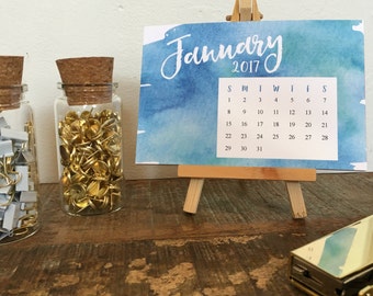 Watercolor Desktop Calendar with Wood Stand - 2017 - Small Desktop Calendar - Christmas Gift - Office Accessories - Mini Desk Calendar