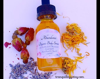 Organic Face Serum , Abundance Face , Body & Hair Serum, Organic Anti Aging Body Moisturizer , 7 Luxurious Oil Blend 1 oz,By: tranquilityy