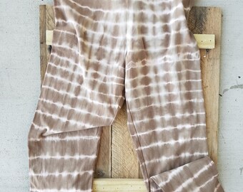 Large - Brown and White Tie Dye Leggings in the Stripe Pattern.