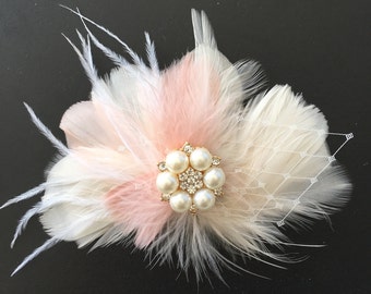 Feathered hairpiece, Wedding hair accessory, Blush pink bridal hairpiece, Gatsby hairpiece, Feathered fascinator, Bridal hair accessory