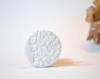 white clay brooch with delicate lace imprint - white clay textured brooch - white floral lace imprint brooch pin - unique gift for her