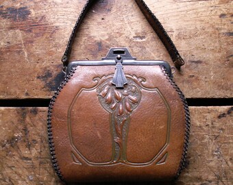 Vintage Arts and Crafts Tooled Brown Leather Purse with Art Nouveau Floral Flower Motif and Whip Stitched Edges