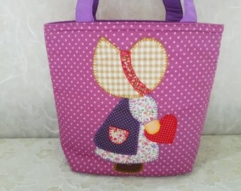 Fabric Patchwork handbag, Small Purple handbag, Cosmetic Sue bag, Top handle bag, Make up handbag, Applique handbag