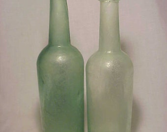 Set of Two c1840s Aqua Cork Top Blown Glass Open Pontil Pepper Sauce or Ketchup Bottles