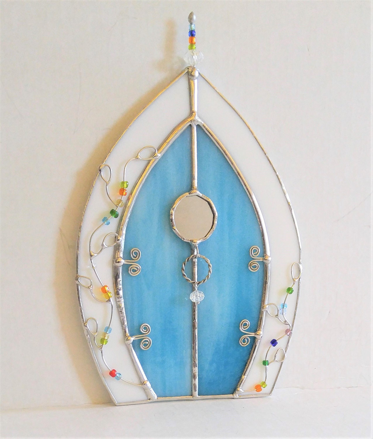 Fairy Door blue stained glass with wire vine