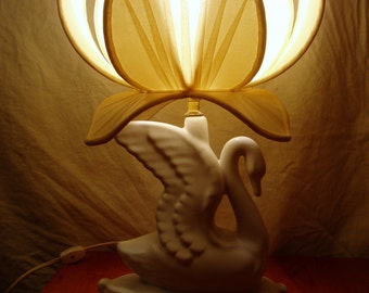 Van Briggle Lamp, White Swan with Fancy Lotus Flower Shade