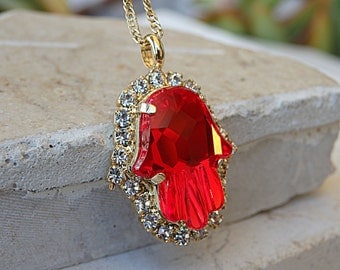 Protection necklace, Evil Eye Necklace, Hamsa Pendant, Red Ruby Swarovski Necklace, Ruby jewelry, Hand Of Fatima Necklace, Islamic Jewelry