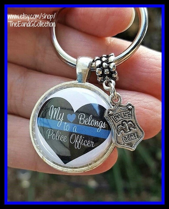 Thin Blue Line keychain Police officer wife keyring Heart