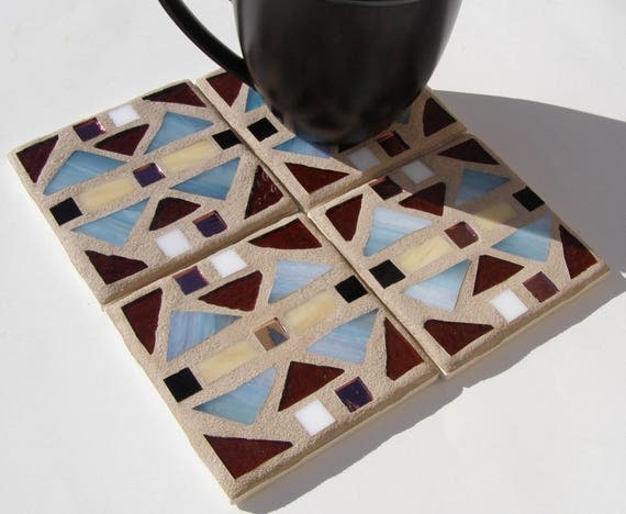 Blue Brown Mission Style Mosaic Glass Coasters Southwest Style Unisex Rustic Decor Barware Drinkware