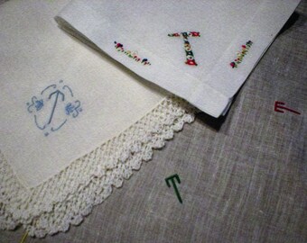Three Vintage Monogrammed Handkerchiefs Letter "T" ~ Vintage Cotton Monogram Initial T Hankies ~ Floral Motif Monogram Letter T Hankie