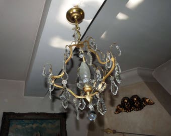 Antique 1900s French crystal prism bronze chandelier lighting fixture ceiling light Chateau boudoir lamp w bead drops, ball, facetted lustre