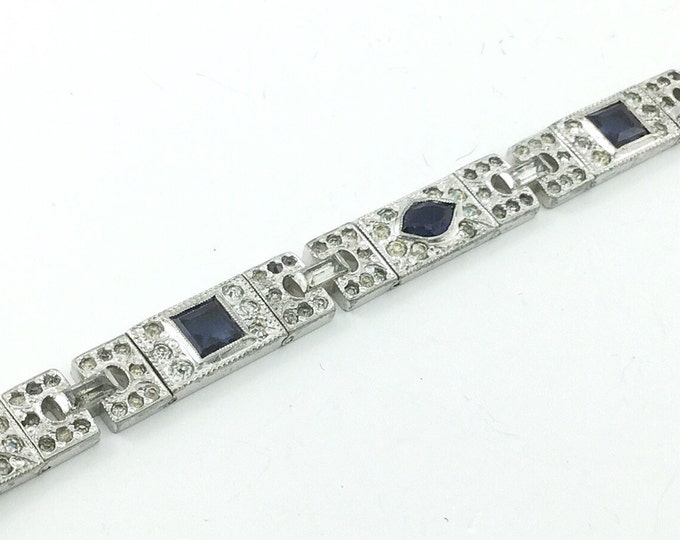Antique Edwardian Bracelet. Art Deco Sapphire Glass and Pave Rhinestone Silver tone Bracelet. Glass Bracelet. Pave Bracelet.