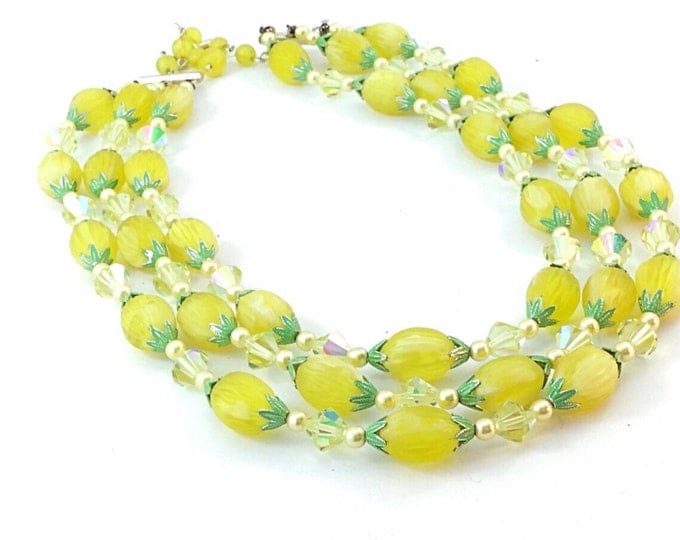 Vintage Japan 3 strand Yellow Necklace, Lemon Fruit style beads, green leaves, yellow aurora borealis crystals.Yellow necklace Japan.