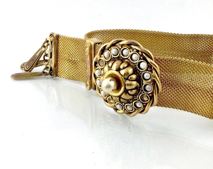 Late Victorian Slide Bracelet with Pearls,Antique Mesh Bracelet, Gold Pot Metal Bracelet, Victorian Bracelet. Antique Estruscan Style.
