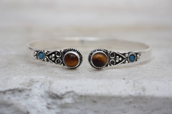 TIBETAN TIGERSEYE CUFF -Silver Bracelet- Tigers Eye- Healing Crystal Jewellery- Chakra- Statement bracelet- Boho- Vintage jewellery- Tibetan