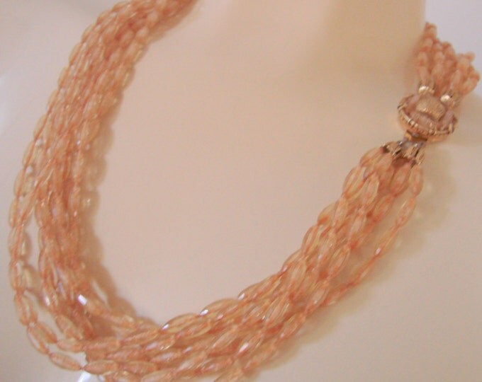 Vintage Multi Strand Light Amber Plastic Bead Necklace Ornate Beaded Clasp Jewelry Jewellery